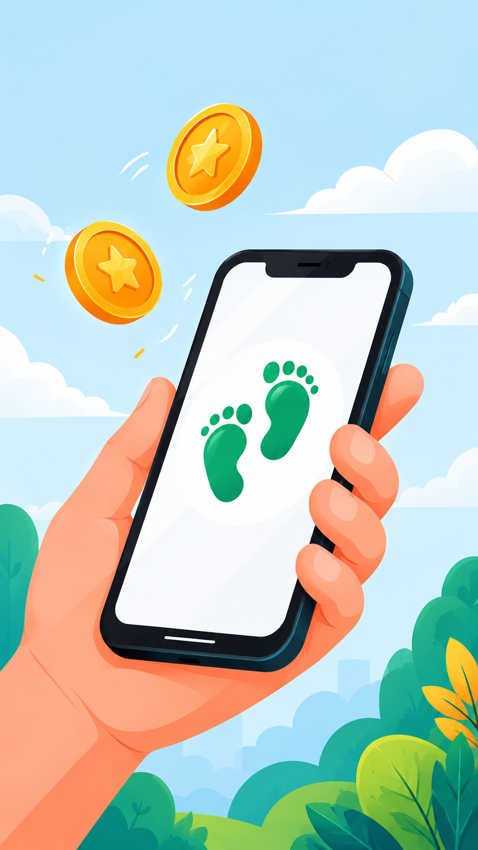 A hand holding the Walkaching app with reward coins